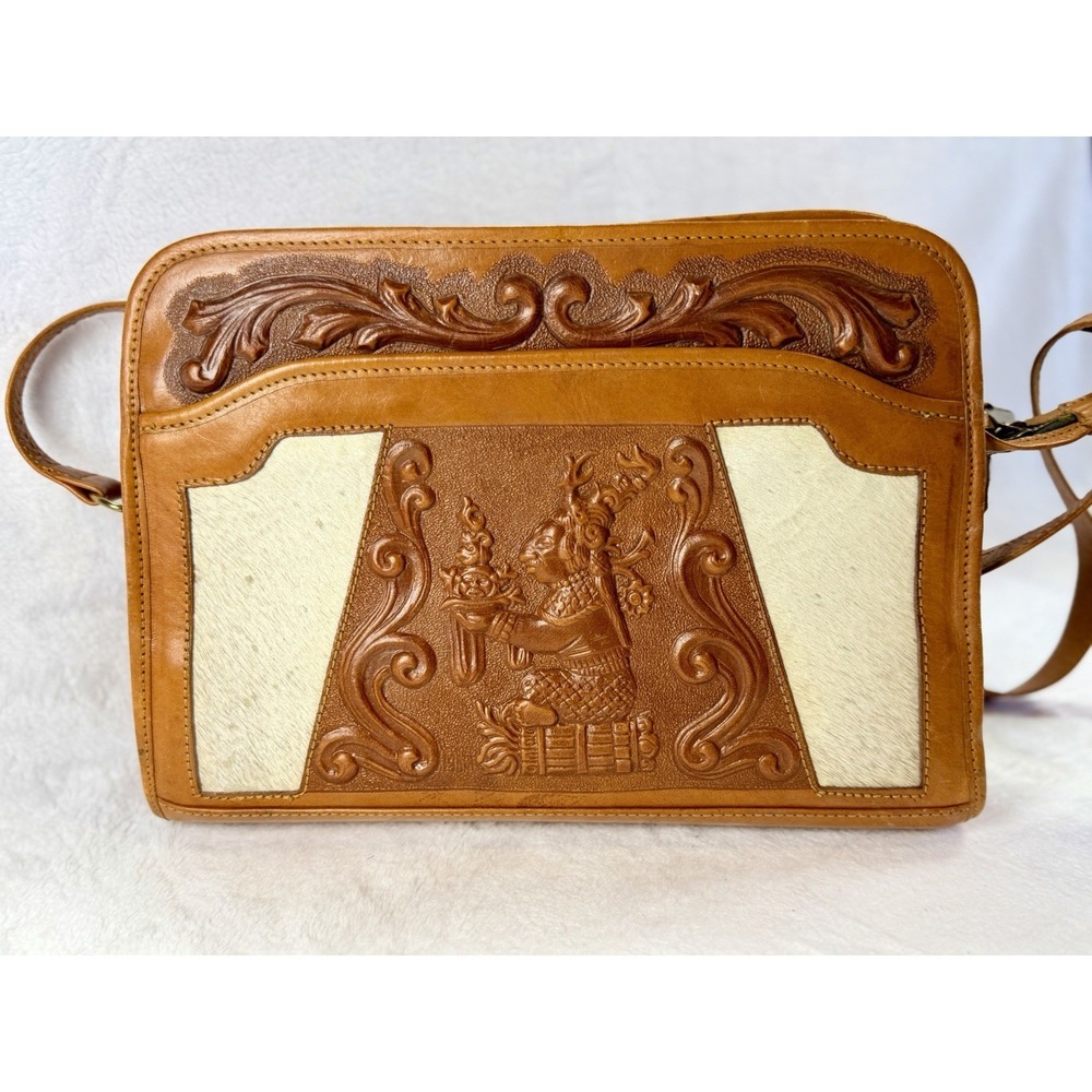 VTG 70s Mont-Abur Mexican Tooled Leather Handbag Mayan Deity Aztec Sun Calendar